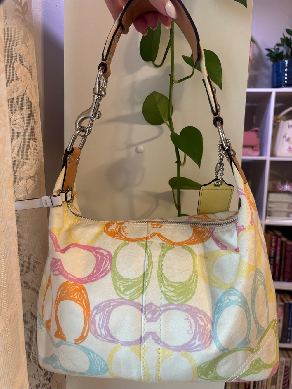 Coach Y2K Shoulder Bag Pastel Tan Leather Scribble Hamptons Hobo Purse - Picture 2 of 11